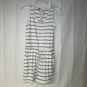 White Romper Summer Jumpsuit Black Stripe Shorts Scoop Neck Women's S Tie Pocket